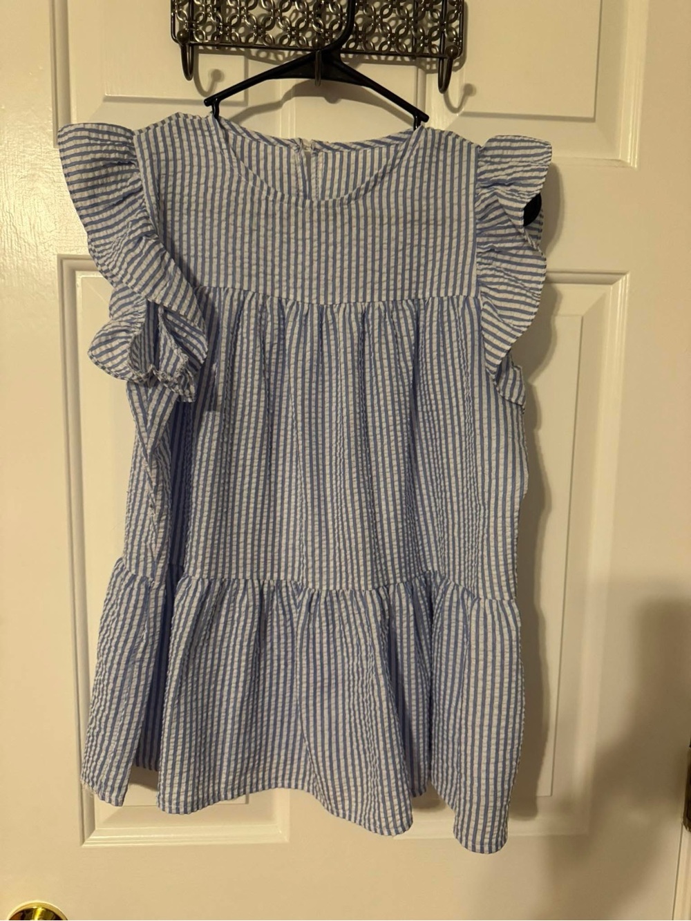 Blue and White Striped Ruffle Sleeve Tunic